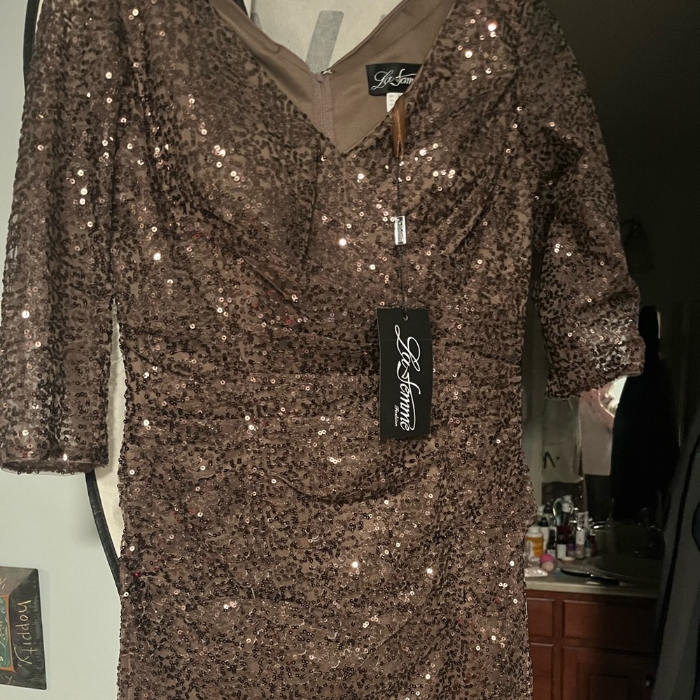 Size 6 La Femme bronze sparkle gown with flattering rouching at the waist.